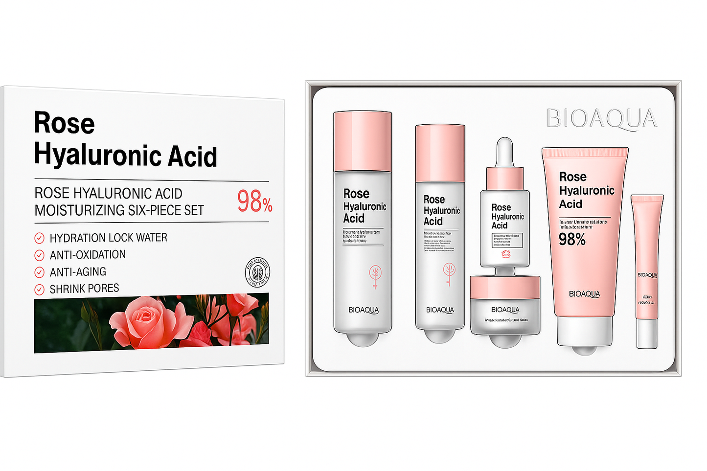 Kit completo de Skincare. Ácido Hialurónico de Rosa. 6 Piezas